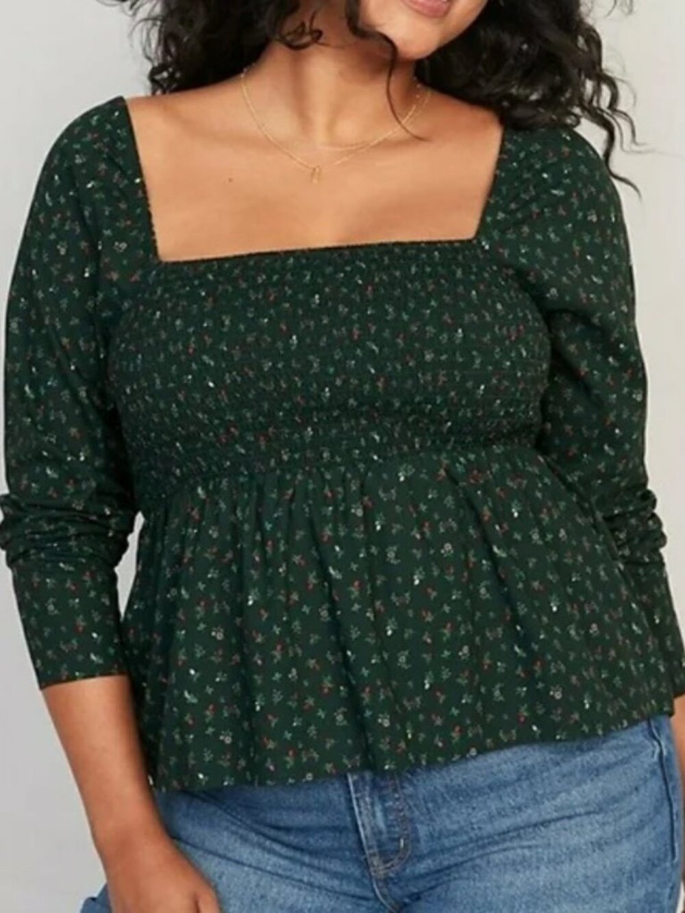 Old Navy Olive Floral Smocked Babydoll Blouse (XXL)